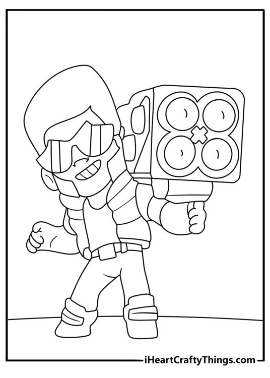 Brawl Stars coloring page showing Brock firing a rocket launcher