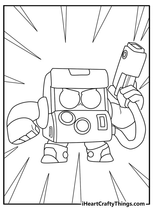 Brawl Stars coloring pages scene featuring 8 Bit using his laser blaster