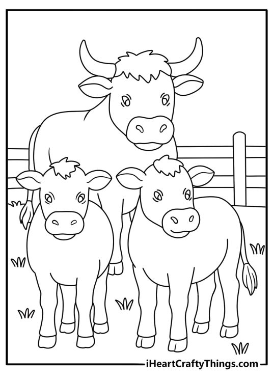 Bull coloring pages printable showing a cattle herd with one bull near the back