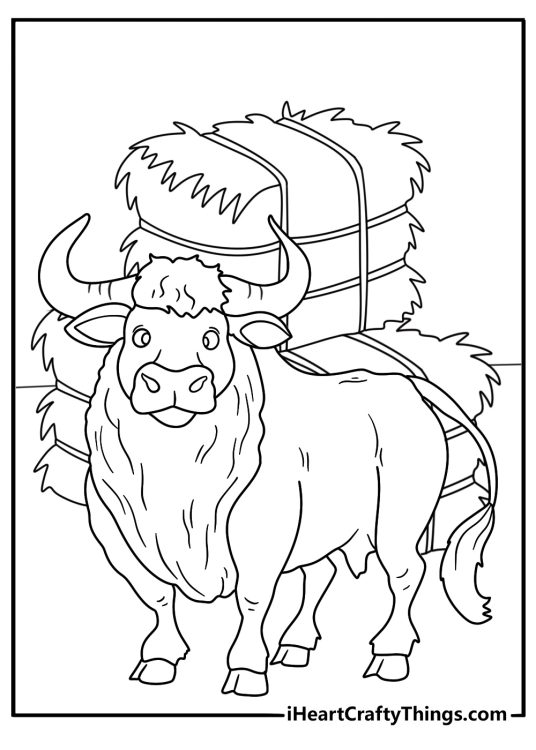 Bull coloring pages scene featuring a bull near stacked hay bales