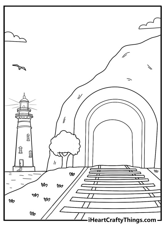 Coastal lighthouse beside seaside railway printable coloring page