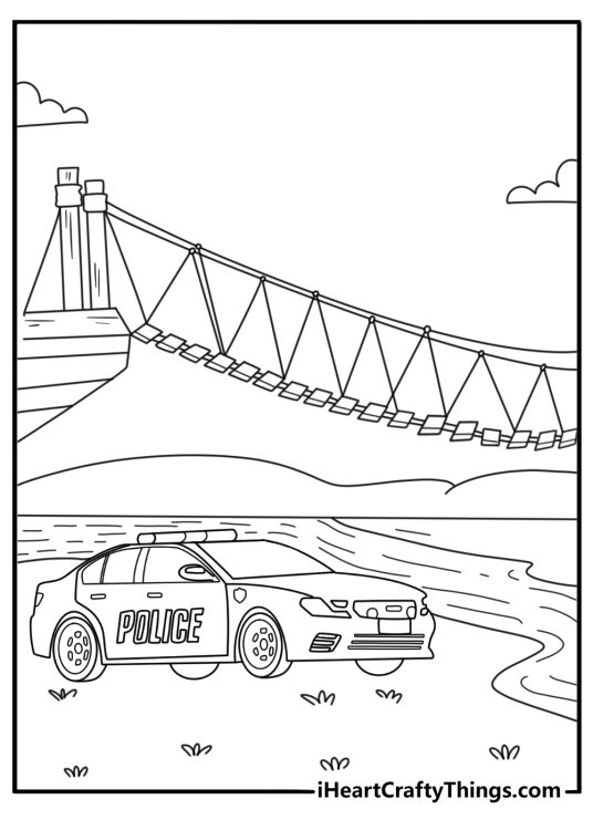 Coloring sheet of small town police cruiser beside wooden bridge and river