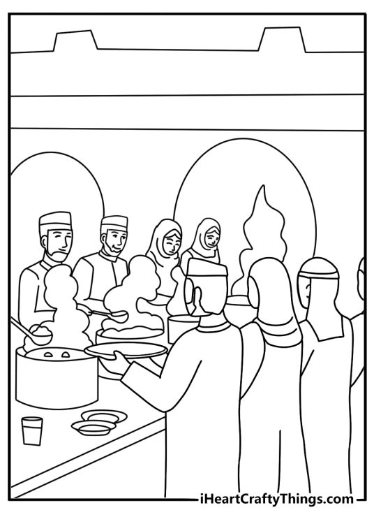 Community iftar line with volunteers serving meals at long tables detailed coloring sheet printable pdf