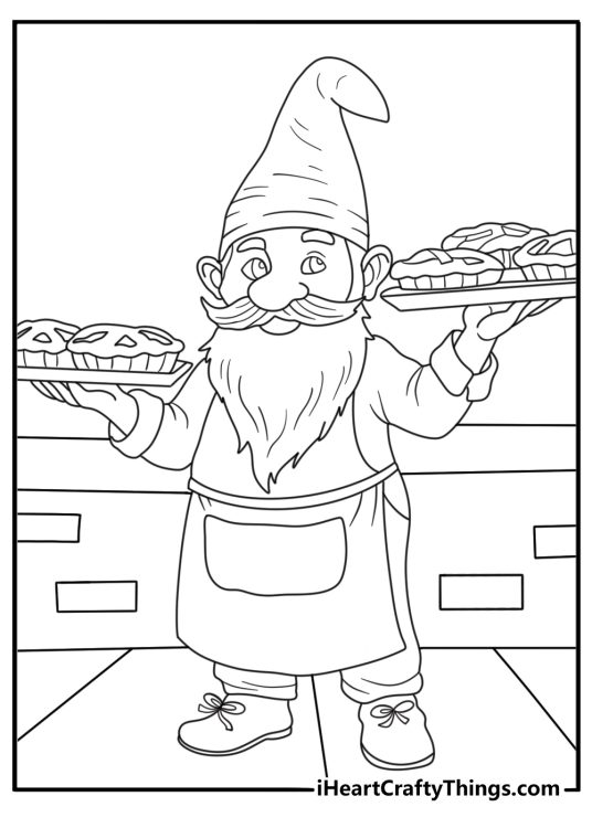 Cute gnome coloring page with a gnome baking pies in a cottage kitchen