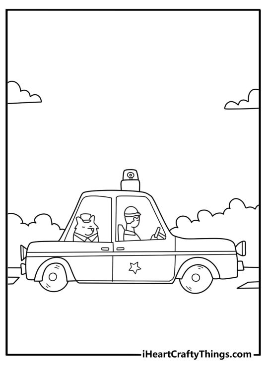 Cute kawaii police car with rescue dog sitting in passenger seat