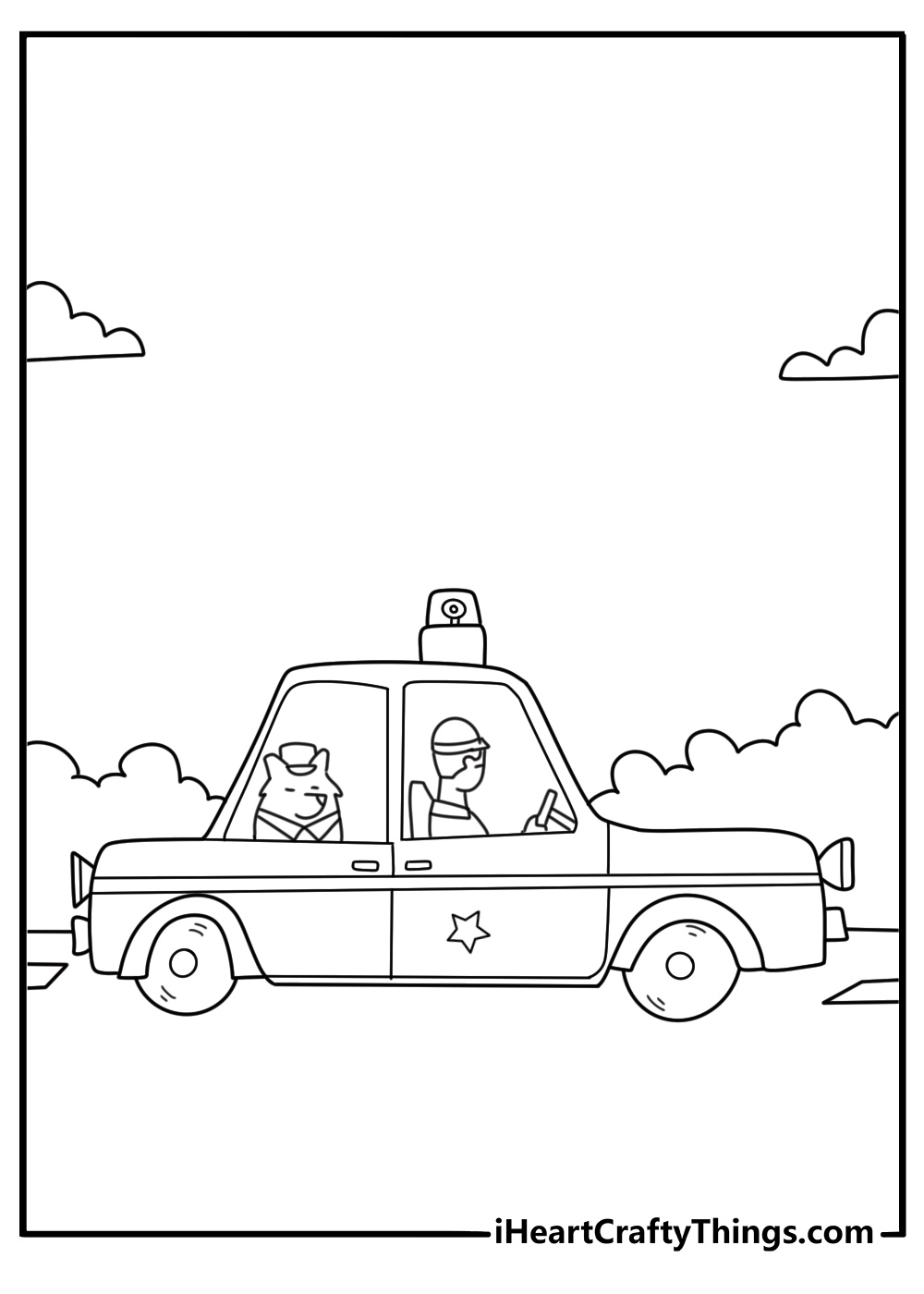 Cute kawaii police car with rescue dog sitting in passenger seat