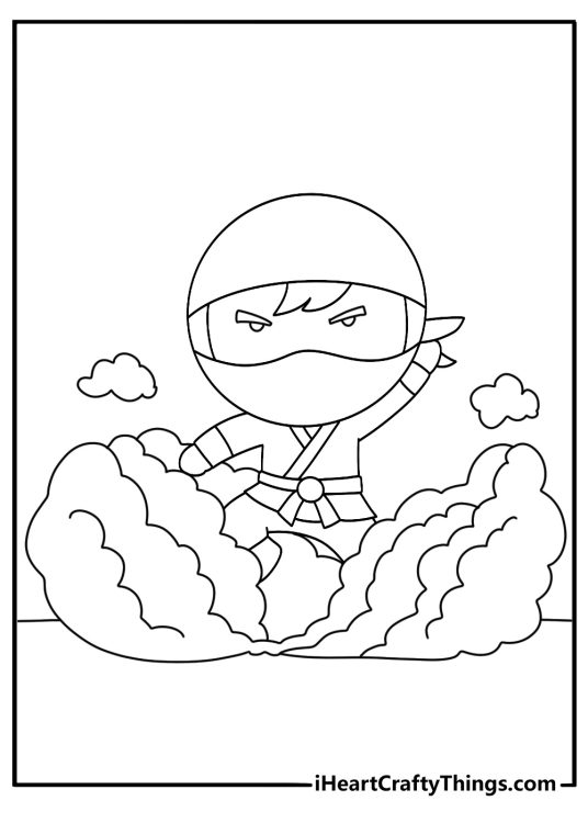 Cute ninja printable for kids with a small warrior peeking from a smoke cloud