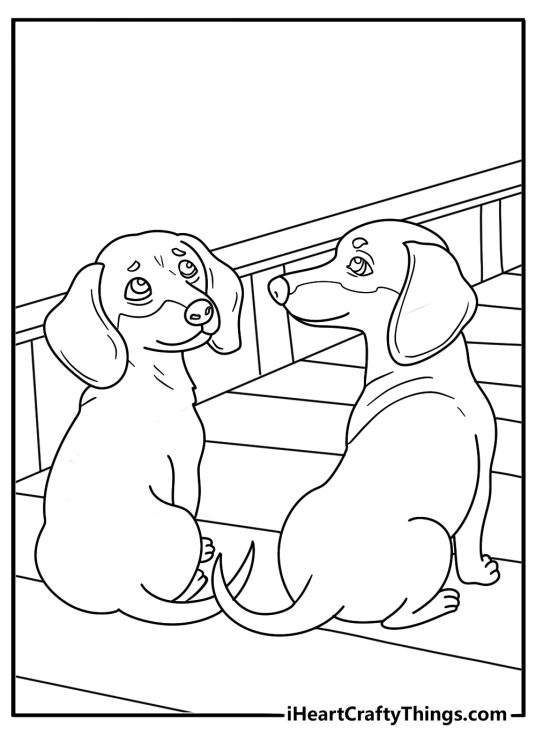 Dachshund coloring pages scene featuring two dogs beside a wooden bridge