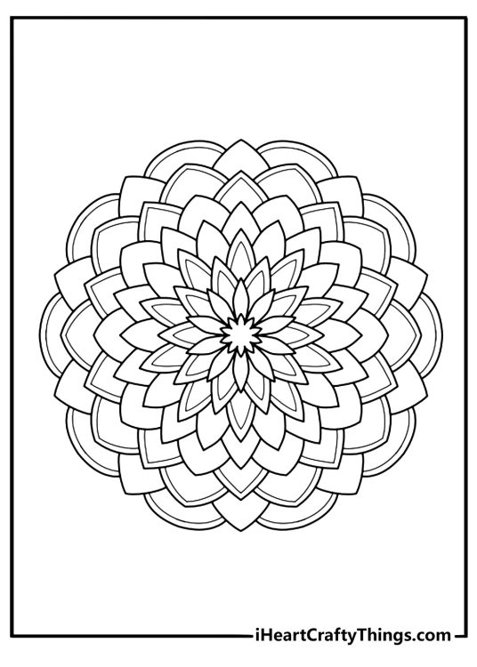 Dahlia starburst mandala intricate petals advanced coloring sheet PDF