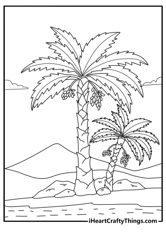 Date palm tree oasis with sand dunes cute kawaii Ramadan coloring sheet for kids printable