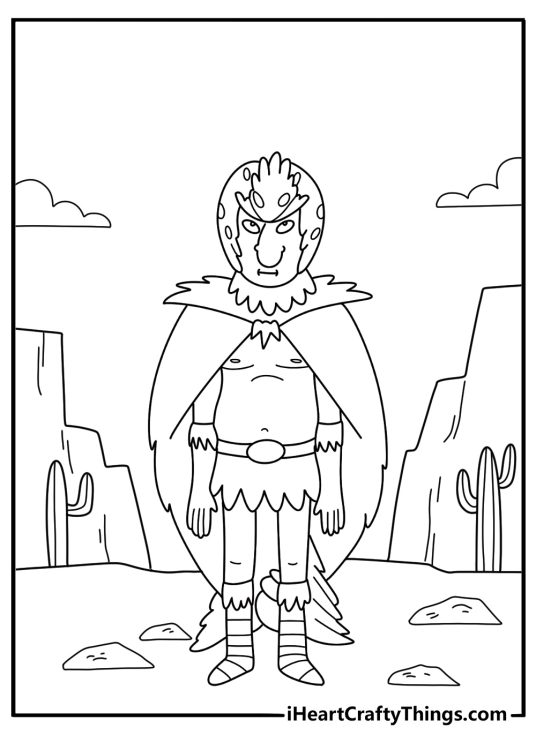 Detailed Rick and Morty printable with Birdperson standing in a desert canyon