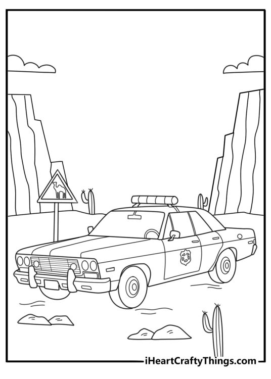 Detailed coloring page for adults of highway patrol vehicle near desert road sign