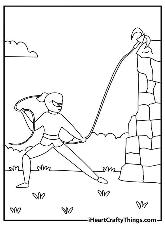 Detailed coloring sheet of a ninja using a grappling hook on a stone wall