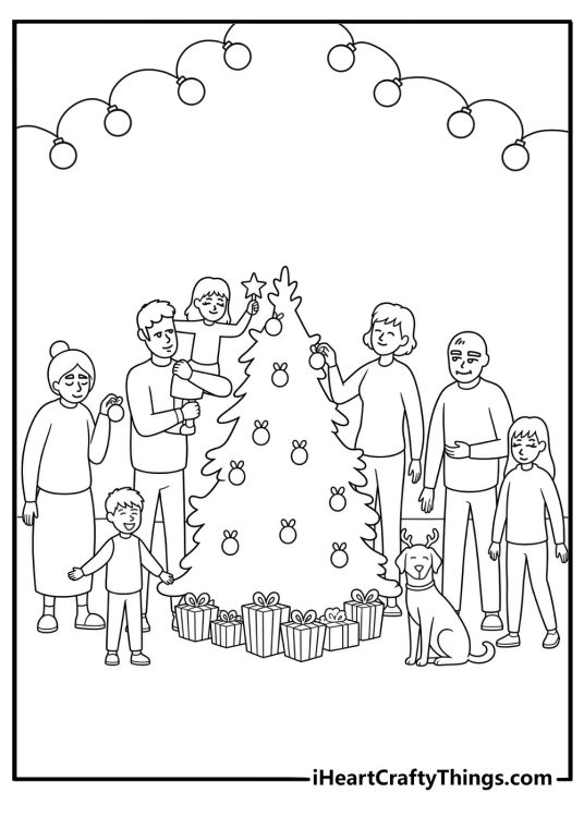 Detailed family coloring page showing relatives decorating a Christmas tree