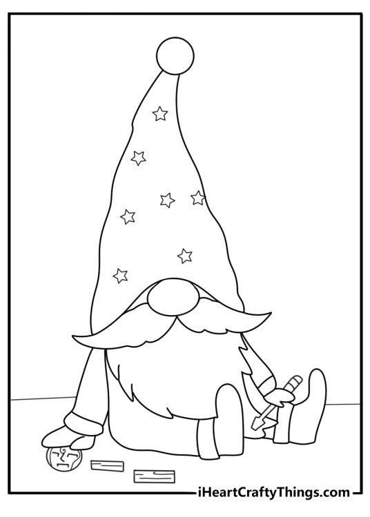 Detailed gnome coloring page with a gnome carving a wooden toy