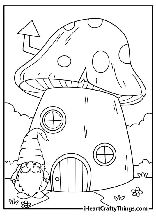 Detailed gnome coloring sheet for adults with mushroom patterns around a gnome home