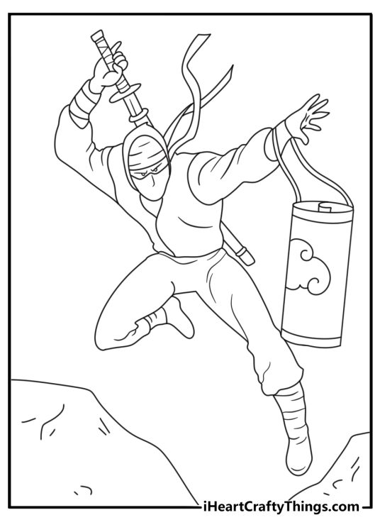Detailed ninja coloring page with a masked fighter guarding a secret scroll