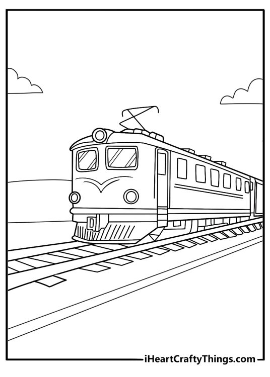 Diesel locomotive in rail yard with tracks and switches printable coloring sheet