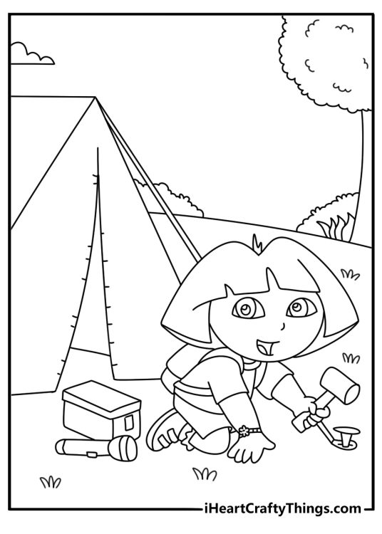 Dora the Explorer coloring page featuring Dora at a campsite with a tent