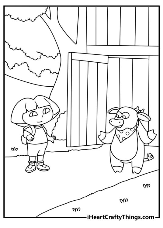 Dora the Explorer coloring page showing Dora beside Benny at a farm gate