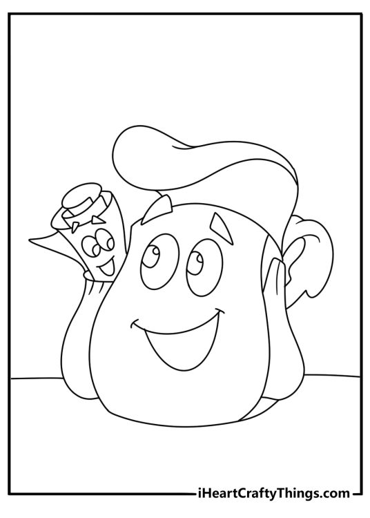 Dora the Explorer coloring pages scene showing Backpack open with useful supplies