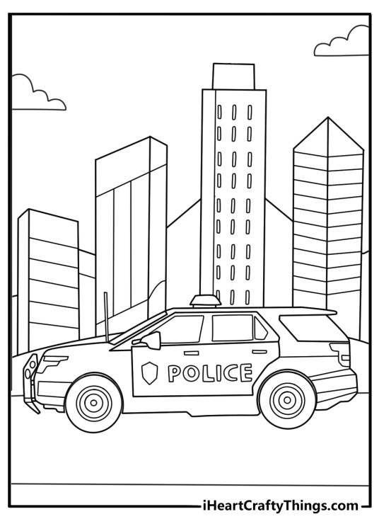 Easy coloring page of sheriff cruiser with push bumper and radio antenna