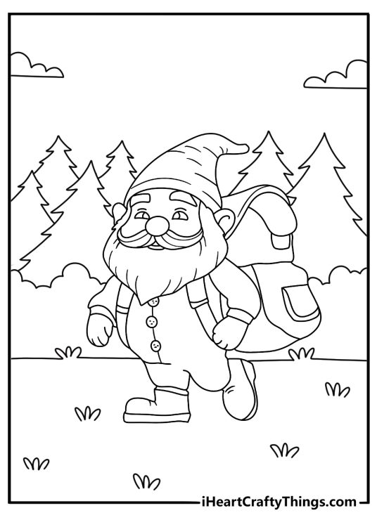 Easy gnome coloring page with a gnome carrying a tiny backpack on a trail