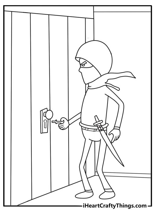 Easy printable of a ninja unlocking a gate with simple tools