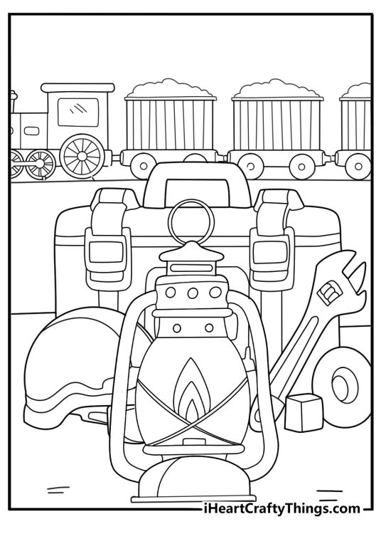 Engineer hat gloves and lantern on toolbox with train in background printable coloring page