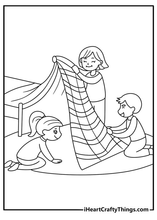 Family coloring page for kids featuring siblings building a blanket fort