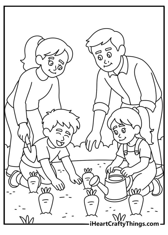 Family coloring page showing parents and children planting vegetables in a garden