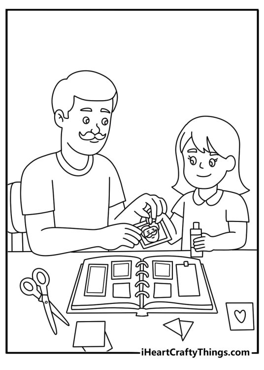 Family coloring pages printable showing parents and children making a scrapbook