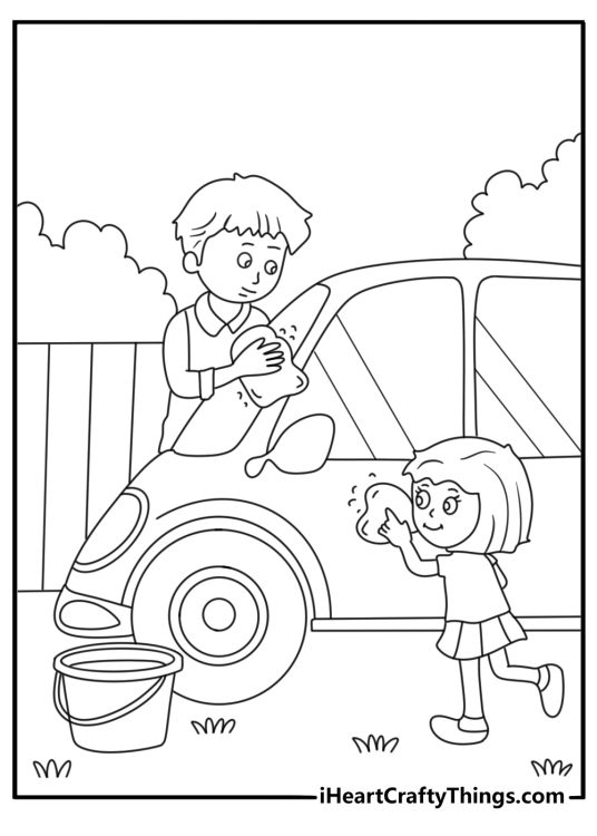 Family coloring pages scene showing children helping parents wash the car