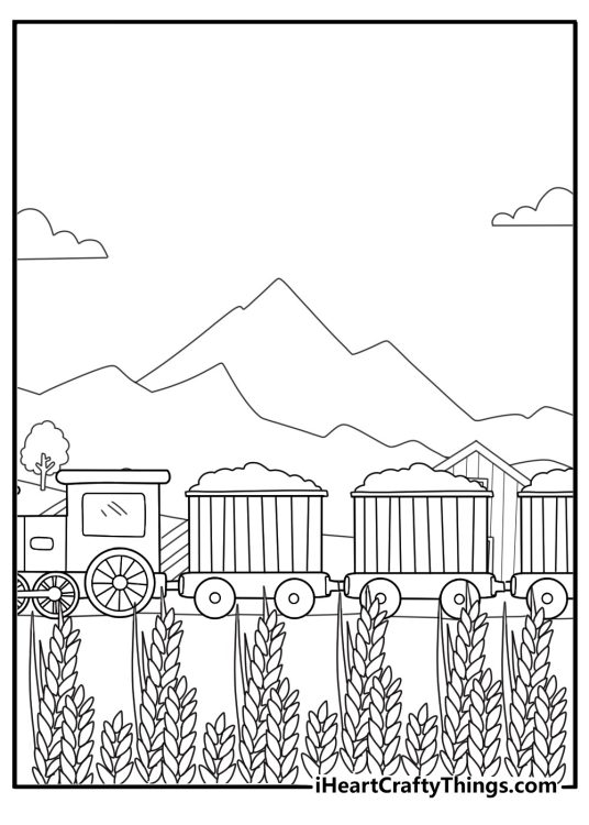 Farm harvest train hauling grain hoppers through fields easy coloring page