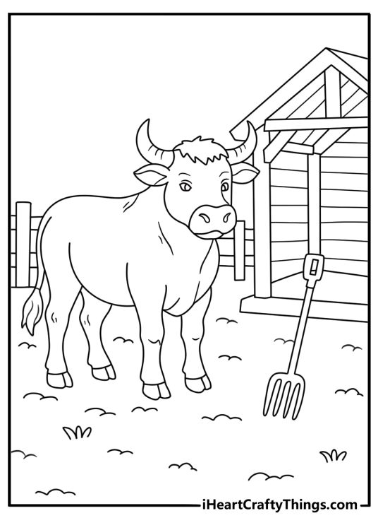 Farm tools rest beside a cattle shelter in this bull coloring printable