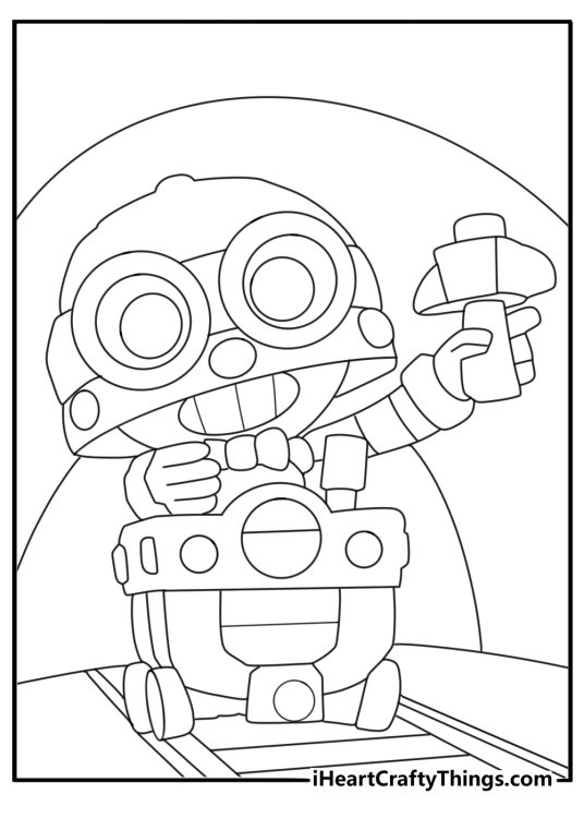 Free Brawl Stars coloring sheet showing Carl riding in his mine cart