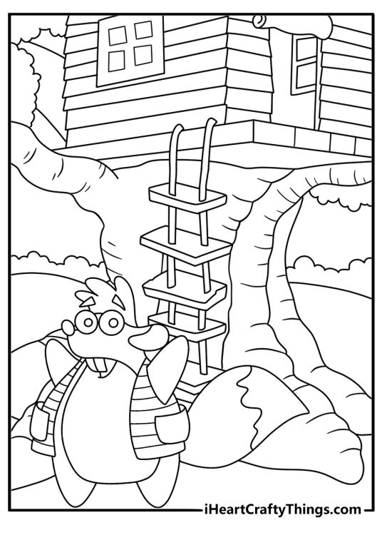 Free Dora coloring page featuring Tico near a treehouse ladder