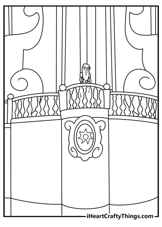 Free Rapunzel coloring sheet showing her entering the palace courtyard
