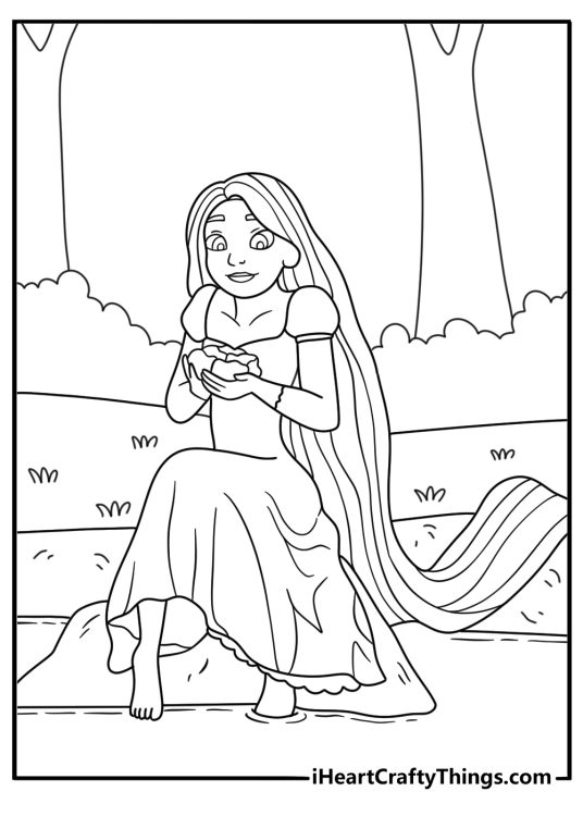 Free Rapunzel printable featuring her dipping her feet into a clear stream