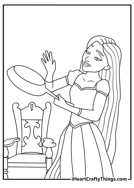 Free Rapunzel printable featuring her frying pan beside a wooden chair