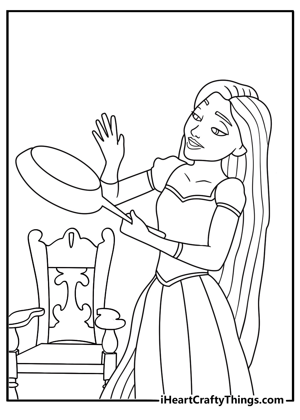 Free Rapunzel printable featuring her frying pan beside a wooden chair