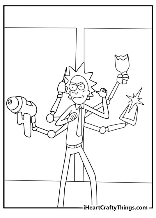 Free Rick and Morty coloring printable with Rick opening a locker full of inventions