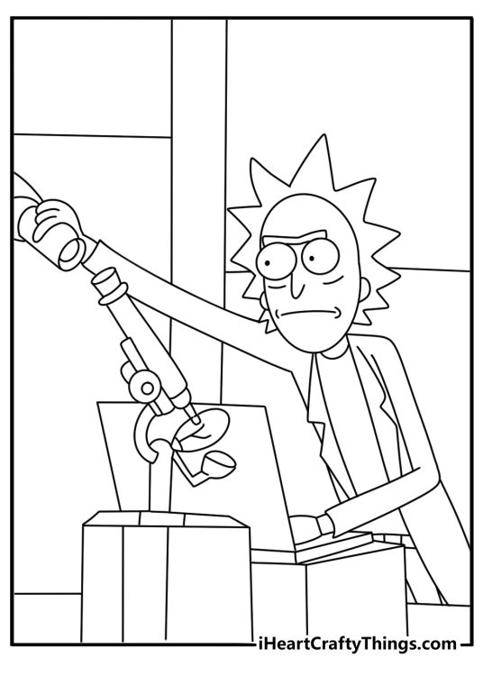 Free Rick and Morty printable of Rick working at a lab table with strange gadgets