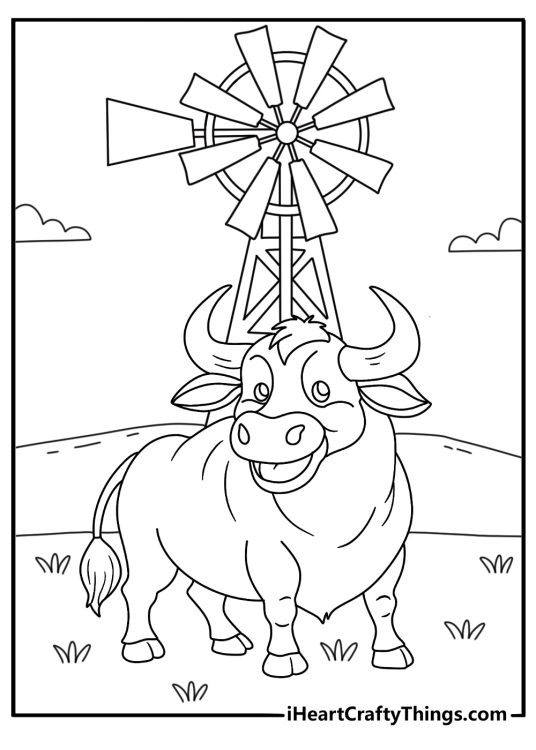 Free bull coloring page featuring a bull near a ranch windmill