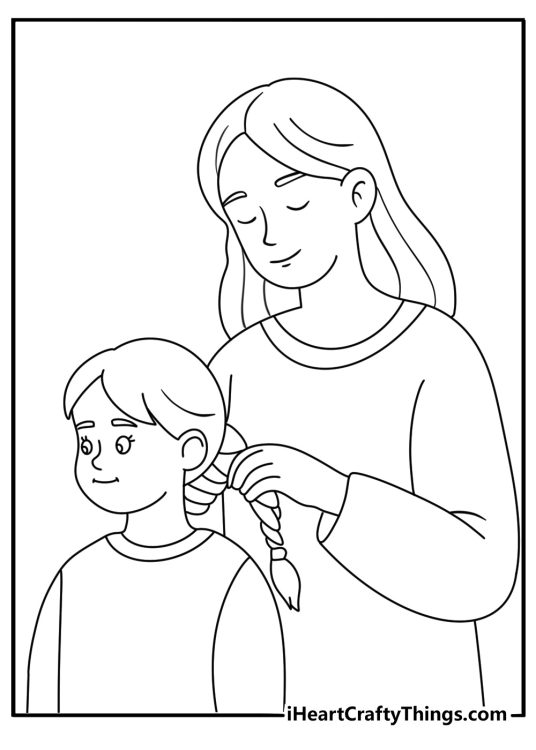 Free family coloring page featuring a mother braiding her daughters hair