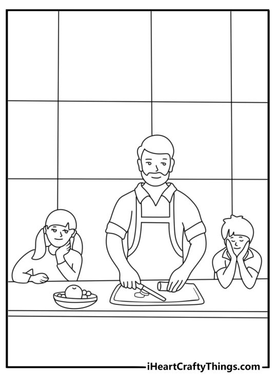 Free family printable featuring a father cooking breakfast with two kids