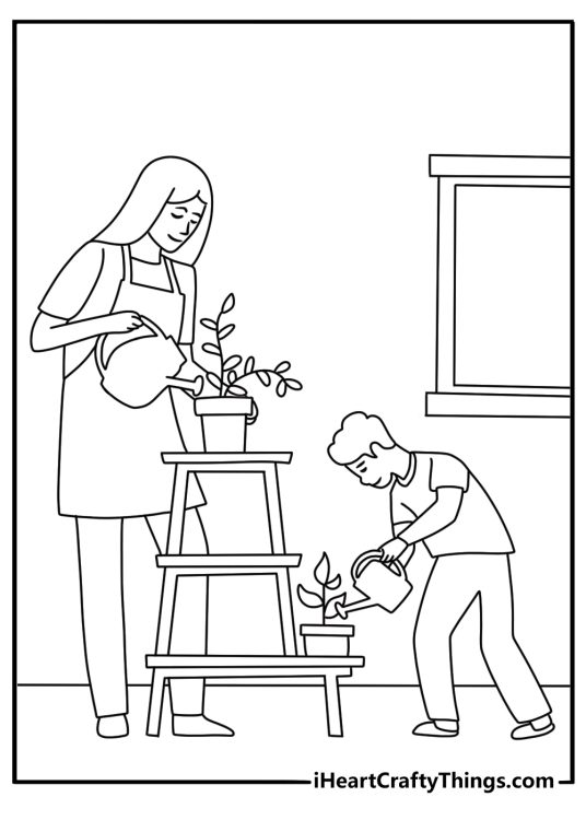 Free family sheet featuring siblings helping their mother water houseplants