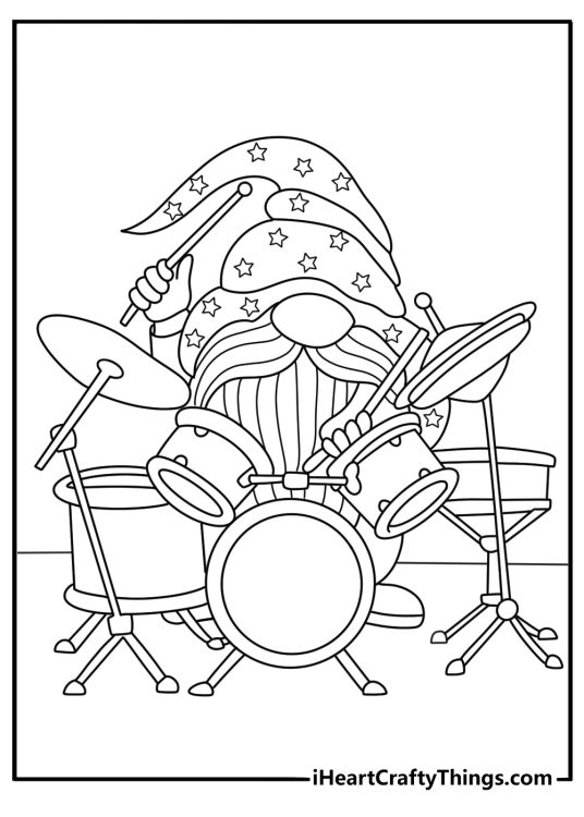 Free gnome coloring pages printable with a gnome playing a small drum