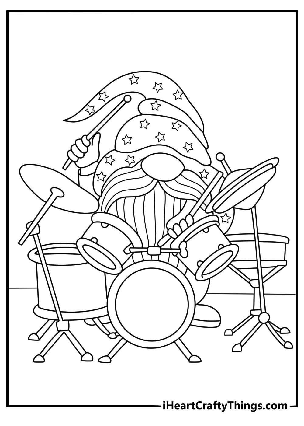 Free gnome coloring pages printable with a gnome playing a small drum