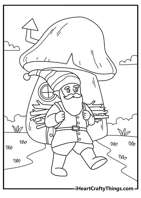 Free gnome printable of a gnome carrying firewood to a tiny cabin